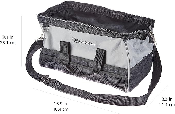 Amazon Basics Durable Wear-Resistant Tool Storage Bag with Adjustable Shoulder Strap, Portable Tool Organizer, 16 in, Black & Grey