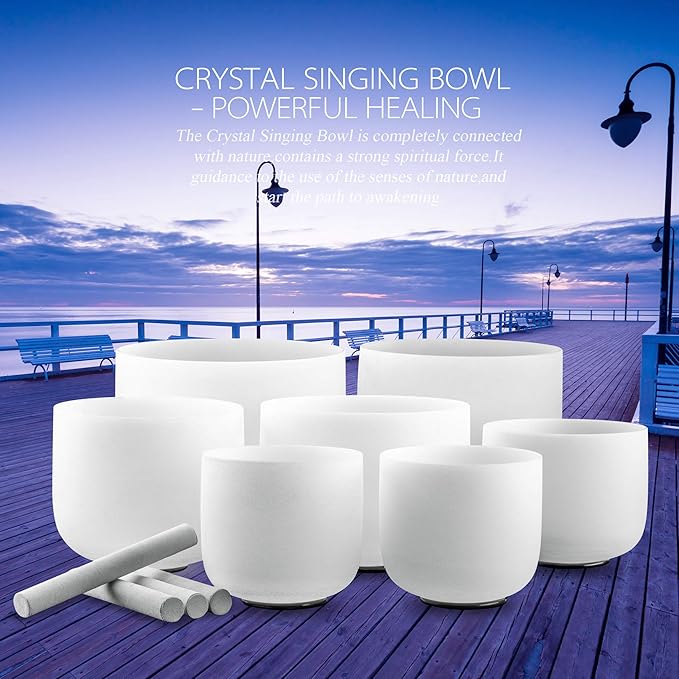 RYAN DVAN 432 hz 7-12 Inch Set of 7 Chakra Symbol Design Frosted Quartz Crystal Singing Bowl Set with Free 2 pcs Carrying Case