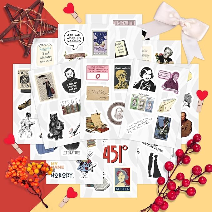 BulbaCraft 100Pcs Literature Stickers for Water Bottle and Laptop - Literary Party Favors & Decorations, Books Bookish Writing Poetry Reading Stickers, Book Lovers Gifts, Gifts for Women & Men