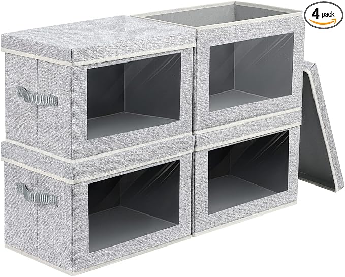 Storage Baskets with Lids, 4 Pack Large Box Organizer with Window, Fabric Storage Cubes Bins for Closet, Collapsible Organizer Bins for Bedroom, Living Room, Dorm, Blended