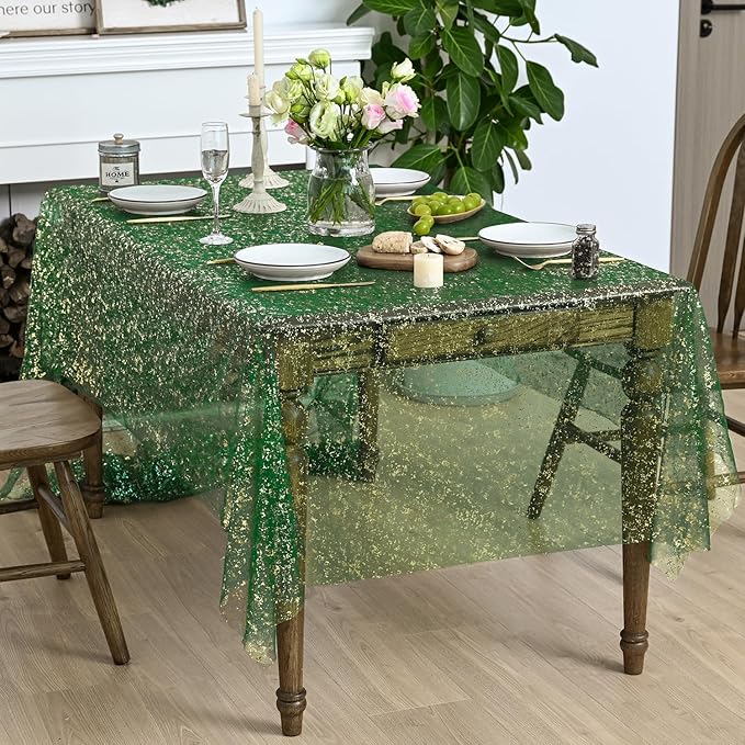 Horaldaily Green Gold Gauze Tablecloth 60x104 Inch Rectangular, Green Sequin Glitter Metallic Foil, Sheer Tulle Cheesecloth for Wedding Baby Shower Ceremony Birthday