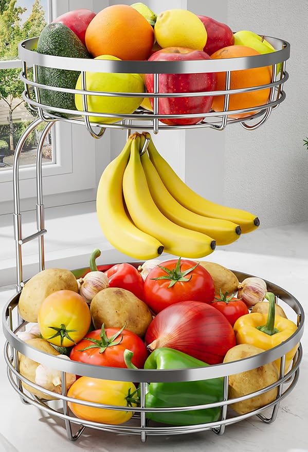 Sakugi Fruit Basket for Kitchen Counter - 2-Tier Large Capacity Fruit Bowl with Detachable Banana Hanger, Rust-Proof Metal Fruit Holder for Vegetables, Bread, Toiletry,10" D x 10" W x 14" H, Silver.