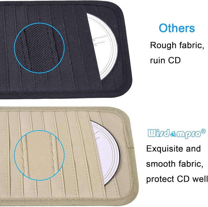Car CD Case Holder, Wisdompro Vehicle Sun Visor Organizer for Cars with 12 DVD Storage Sleeves, 1 Mesh Pocket, 1 Pen Holder and Elastic Strap, Khaki