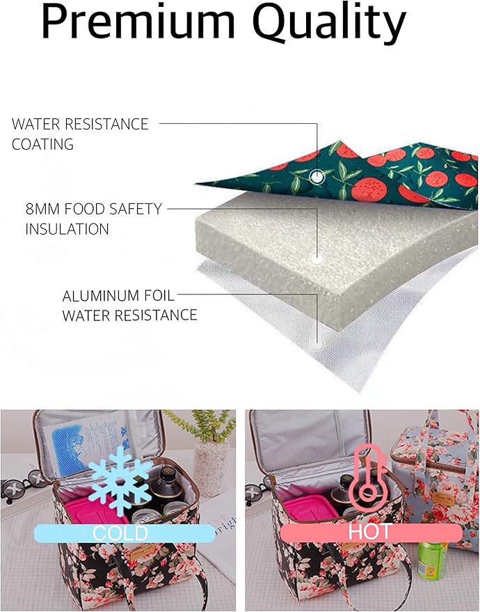 Kwang Min Floral Insulated Lunch Bag for Women,Reusable Lunch Box,Large Cooler for Office,Picnic Outdoors,Premium Quality Waterproof Fabric,Ideal Gift for Outdoors and work (Black Rose)