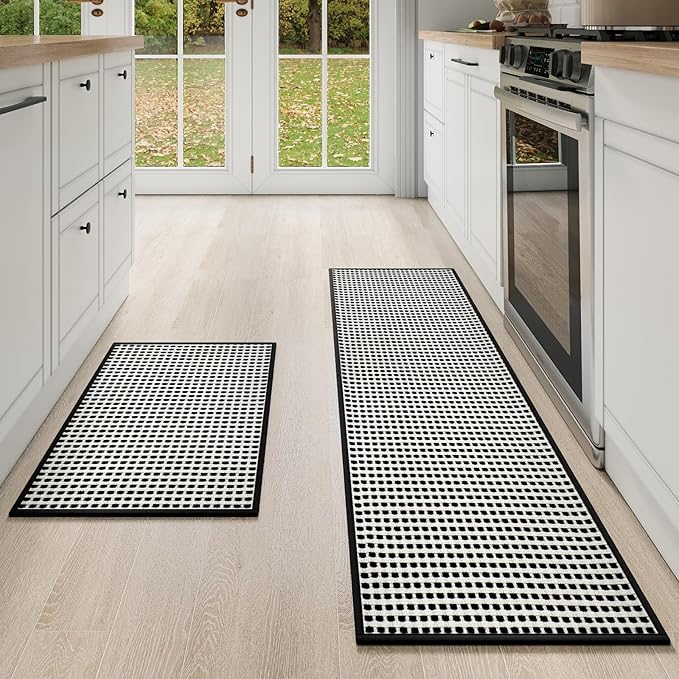 YDKGL Kitchen Mat Kitchen Rugs Sets of 2 PCS Non Slip Washable, Super Absorbent Soft Braided Kitchen Mats for Floor, Rubber Backing Comfort Standing Kitchen Sink Mat Runner Rug, Black 17"x28"+17"x59"