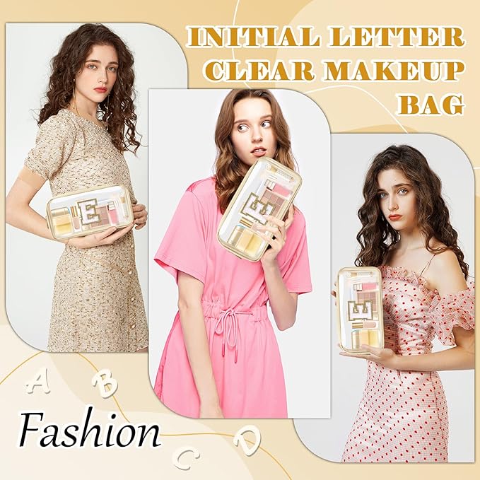 Personalized Initial Letter Clear Makeup Bag,Small Nylon&PVC Cosmetic Zipper Bag with Chenille Letter,Portable Beach Travel Skincare Toiletry Bag,Trendy Monogram Gift for Teen Girls Women,E