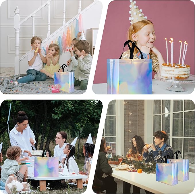 cabzymx 25 Pcs Iridescent Glossy Reusable Gift Bags with Handles & Sturdy Bases, 12.6x4.7x11 In Holiday Party Gift Bags Bulk for Birthday, Wedding, Xmas, Thanksgiving