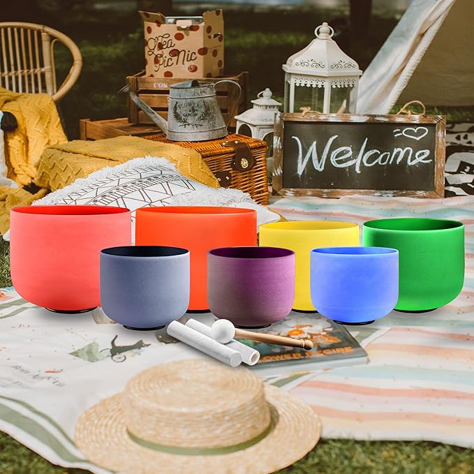 RYAN DVAN 432 hz 7-12 Inch Set of 7 Colored Frosted Quartz Crystal Singing Bowl with Free 2 pcs Carrying Cases
