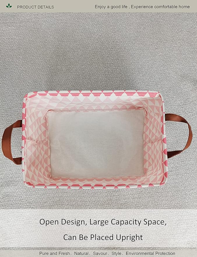 Rectangular Fabric Storage Box, Decorative Basket and Finishing Basket with Handle are Used for The Storage of Clothes, Books and Sundries (Pink Triangle) 1