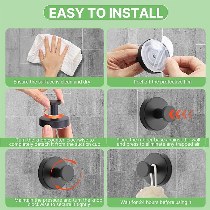 Black Waterproof Suction Cup Hooks, 4-Pack Heavy Duty Stainless Steel No Drill Shower Hooks for Hanging Towels, Robes, Loofahs, Holder Holds Strong on Tile, Glass, Mirror, Wall, Bathroom Door