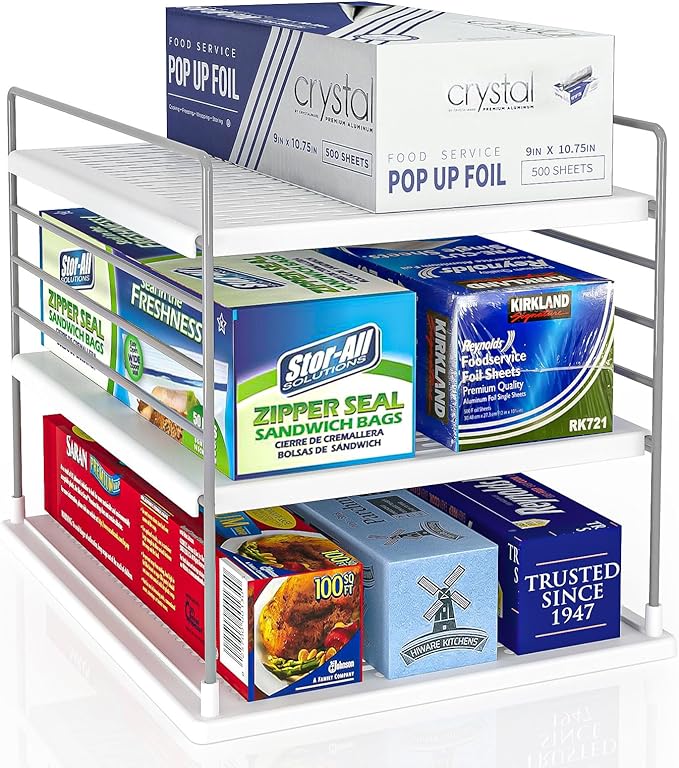 WANCHIY Pantry Organizers and Storage, Foil and Plastic Wrap Organizer- Divided Compartment Holder for Aluminum Foil&Wraps&Baggie Boxes, Upgraded Shelf Organizer for Pantry Organizer, Pantry Storage