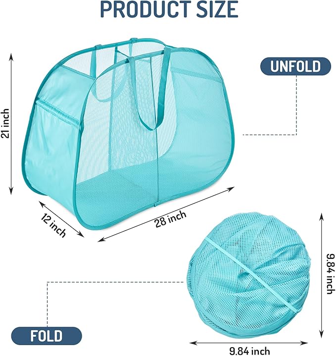 Mesh Popup Laundry Hamper 2 Compartment, Collapsible Laundry Sorter Basket Foldable Hamper for Clothes, College Dorm, Travel (Turquoise Blue)