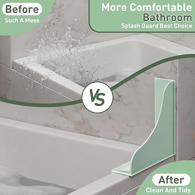 Roslim No-Adhesive 2-Pack All-Silicone Shower Splash Guard with Strong Suction Cups, Reusable Bath Tub Corner Water Blocker for Secure Seal，Keep Water in Shower or Bath, One-Piece Design, Mint Green