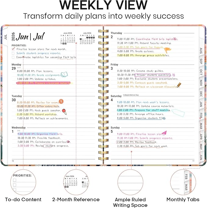 Academic Planner 2026-2027, Weekly and Monthly Calendar Book, July 2026 – June 2027, Hardcover Planner with Tabs, Perfect for Teachers, Students, Women & Men, A5 (6.4" x 8.5") - Cat