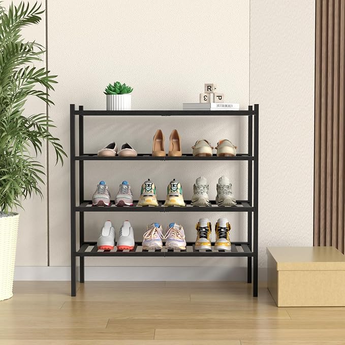 ROMGUAR CRAFT 4 Tier Bamboo Shoe Rack for Closet, Free-Standing Wood Shoe Shelf for Entryway Small Space, Stackable, 27"x11"x26" (Black)