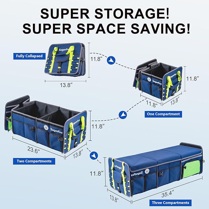 Bold Color Block Trunk Organizer | 95L, 35"x13.8"x11.8" | Dedicated Shoe Storage & 26L Ice Pack | Foldable for SUV/Car/Jeep | Car Accessories for Men & Women - Blue-X212