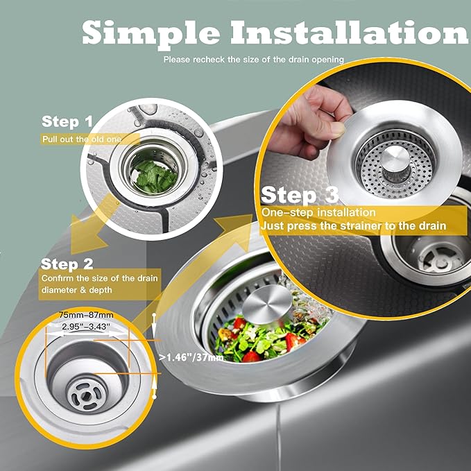 Kitchen Sink Drain Strainer 3 in 1, 304 Stainless Steel Pop Up Sink Stopper, Anti-Clogging Sink Stopper, Kitchen Drain Catcher, Sink Strainer for US Standard (Silver 2#)