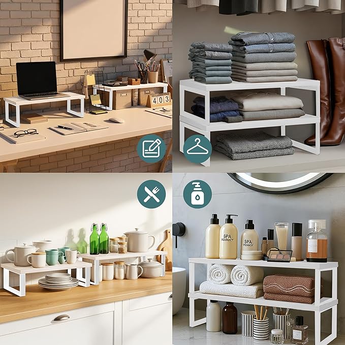 Sben Cabinet Organizer Shelf, Set of 2 Kitchen Counter Shelves, Kitchen Storage, Spice Rack, Stackable, Expandable, Metal and Engineered Wood, White