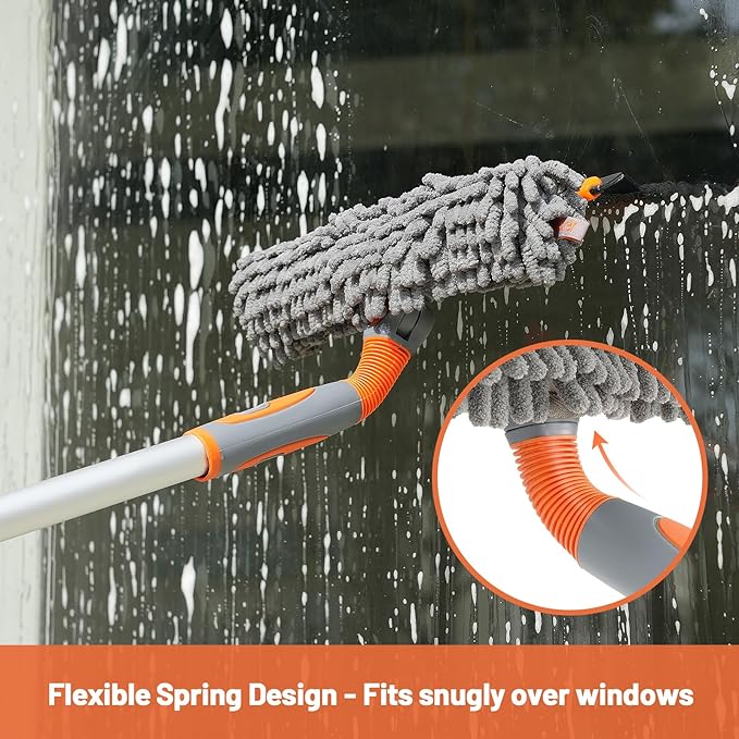 Eazer Squeegee Window Cleaner Tool, 2 in 1 Rotatable Window Cleaning Squeegee Kit with Extension Pole, 62'' Window Washing Kit, Bendable Head for Car Glass - 2 Scraper