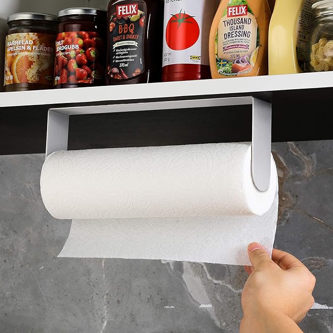 YIGII Adhesive Paper Towel Holder Under Cabinet - Self Adhesive Paper Towel Rack Wall Mount for Kitchen, SUS-304 Stainless Steel Papertowel Holder, Silver