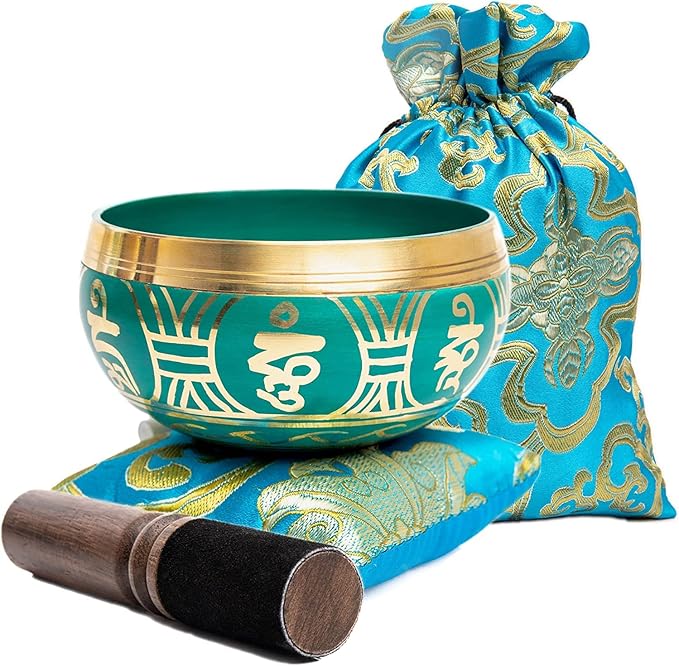 Tibetan Singing Bowl Set - Authentic Handcrafted Mindfulness Meditation Holistic Sound 7 Chakra Healing by Himalayan Bazaar (Turquoise)
