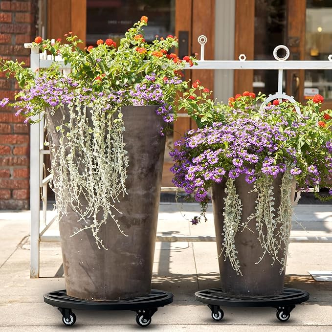 Hongsane 20" Round Plant Stand with Wheels Heavy Duty,Large Metal Plant Caddy Indoor Outdoor Use,Rolling Plant Dolly with Industrial Casters,Rust-Proof Black Plant Tray for Large Planters Pots,2-Pack