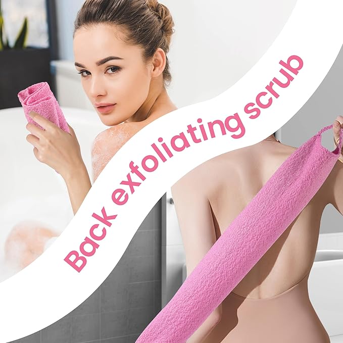 3 Pcs Double-Sided Back Exfoliator Body Scrub Towel, Exfoliating Back Scrubber with Handles,Exfoliating Washcloth Bath Tool in Shower, Stretchable Back Washer to Deep Cleans Skin (Pink)