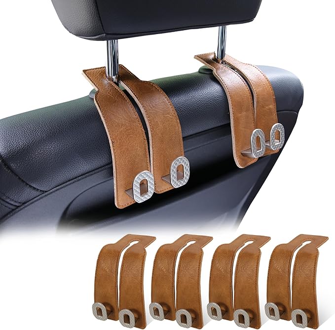 Car Headrest Hooks Universal Car Purse Hook Premium Leather and Alloy Twin Hook Car Seat Back Storage Hanger Hook for Purse Bags Cloth Drink Durable Holder Car Accessories (BH09-Brown-Silver-4 Pcs)