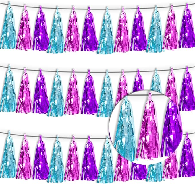 3P Lake Blue Purple-Hot Pink Metallic Fringe Tassel Banner Garland Foil Tinsel Streamer Wall Hanging Curtain Backdrop Banner for Parade Floats, Graduation Decorations, Wedding Party Decoration