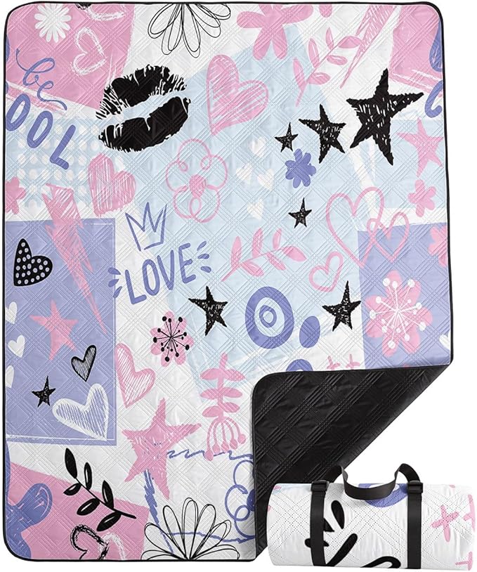 Outdoor Picnic Blanket,Portable Sandproof Waterproof Picnic Mat,Pink Purple Graffiti Printed Camping Beach Mat for Sand and Wet Grass Hiking (Pink Purple Graffiti L)