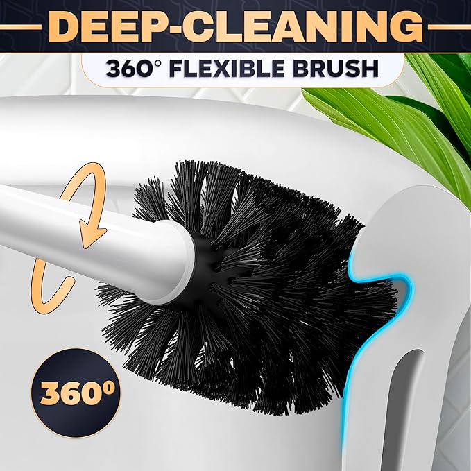 2-in-1 White Toilet Brush and Plunger Set with Holder – Compact Bathroom Cleaning Combo, Strong Rubber Plunger & Stiff Bristle Brush, Space-Saving Stand, Fits Most Standard Toilets, 9.3×6.3×15.2 inch