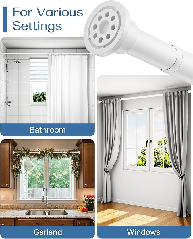 ALLZONE Adjustable Tension Curtain Rod, 42 to 78 Inches, Spring Loaded Curtain Rods No Drilling, Renter Friendly Tension Rod for Windows, Shower, Closet, No Drill, Non-Slip, White