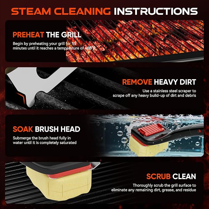 NEWKITCHEN Bristle Free Grill Brush for Outdoor Grill, Steam Clean BBQ Grill Brush with Scraper, Long Handle Replaceable Head Grill Cleaner Brush for Gas Charcoal Griddle & Smoker