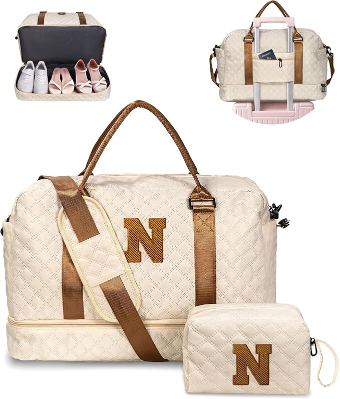 Gifts for Sister - Personalized Initial Duffle Bag, Travel Bag With Shoe & Makeup Compartments - Monogram Weekender & Overnight Bag (Letter N)