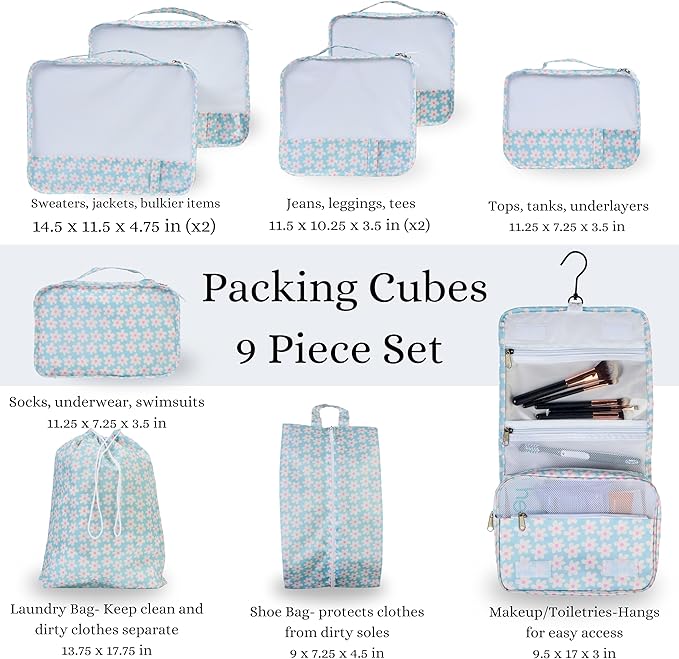 Foxy Traveler 9-Piece Packing Cube Set - Suitcase Organizer, Cute Packing Cubes, Travel Bag Organizer for Luggage with Hanging Toiletry and Shoe Bag, Travel Essentials for Women, Men, and Kids - Blue Flower