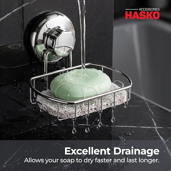 HASKO Suction Soap Dish with Hooks | Powerful Vacuum Suction Cup Soap Holder | Soap Basket Holder for Bathroom & Kitchen (Polished Stainless Steel SS304)