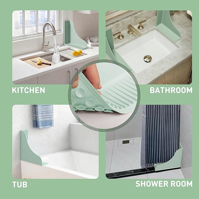 Roslim No-Adhesive 2-Pack All-Silicone Shower Splash Guard with Strong Suction Cups, Reusable Bath Tub Corner Water Blocker for Secure Seal，Keep Water in Shower or Bath, One-Piece Design, Mint Green