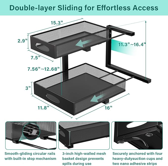 Beleeb Under Sink Organizer, Extra-Wide Upgrade, 2-Pack of 2-Tier Metal Slide Out Cabinet Organizer, Height Adjustable Organization and Storage Series, Bathroom/Cabinet/Kitchen Organization, Black