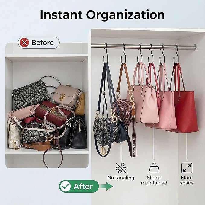 Poshetion 12 Pack Purse Hanger for Closet – Vinyl Coated Twist Design Black Hooks, 5 Inch Large Rod Compatible, Ideal for Handbags, Backpacks, Scarves & More – Space Saving Home Organize