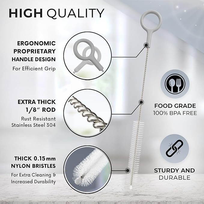 Buenalife Heavy Duty Cleaning Brushes Set of 4 - Extra Long Straw Cleaners for Metal and Plastic Reusable Drinking Straws, to Clean Small Spaces, Sippy Cups, Water Bottles - Sturdy Hard Brush Bristles