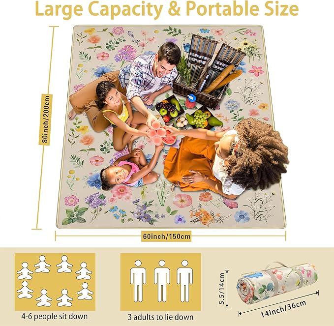 Extra Large Picnic Blankets Waterproof Foldable (60 "x 80") Beach Blanket Waterproof Sandproof,3-Layer Thicking Mat Outdoor Packable Camping Blanket