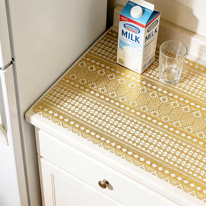 Drawer and Shelf Liner - Gold Geometric Lace Pattern,Non Adhesive Non Slip Waterproof Easy-Clean Shelf Liner for Kitchen Cabinet, Refrigerator, Bathroom, Pantry Storage Drawers, 17 in x 20 Ft