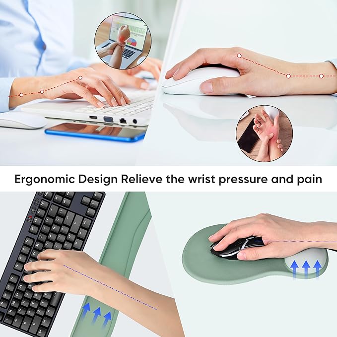 WINTOJO Wrist Rest Support for Mouse Pad Keyboard Set Circle Coaster Gaming Mouse Pad Ergonomic Gel Memory Foam Set for Computer, Laptop, Office, Pain Relief, Comfortably Typing Pure Green KM-34