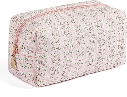 HHQQWZ Makeup Bag Travel Cosmetic Bag for Women Girls, Zipper Make Up Pouch, Floral Flowers Toiletry Organizer Makeup, Portable Storage Cosmetic Travel Cloth Bag (Pink)