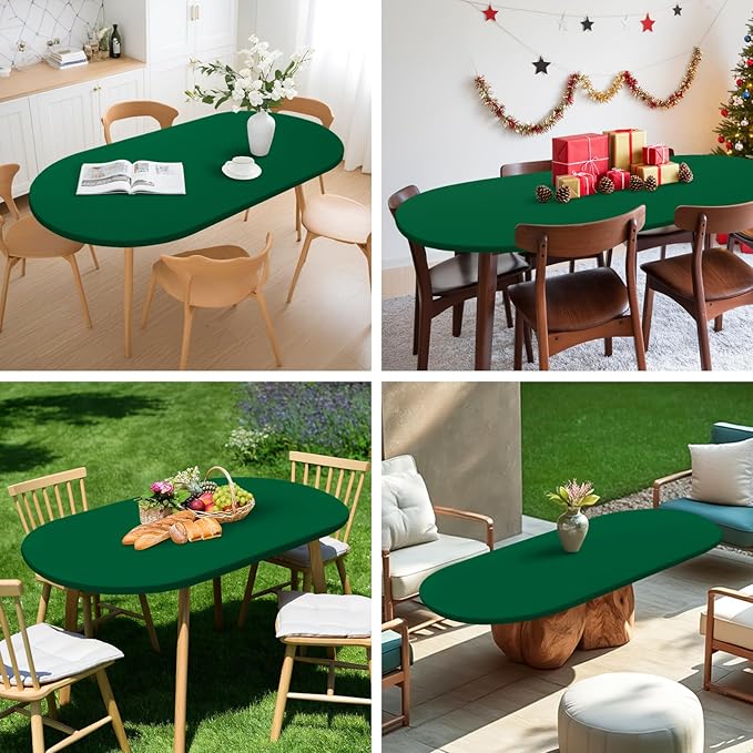 NEWISHER Fitted Oval Tablecloth 48 x 68 Inch Elastic Table Cloth, Stretch Spandex Table Cover Green Washable Polyester Top Cap Cover for Dining Picnic Camping Indoor and Outdoor