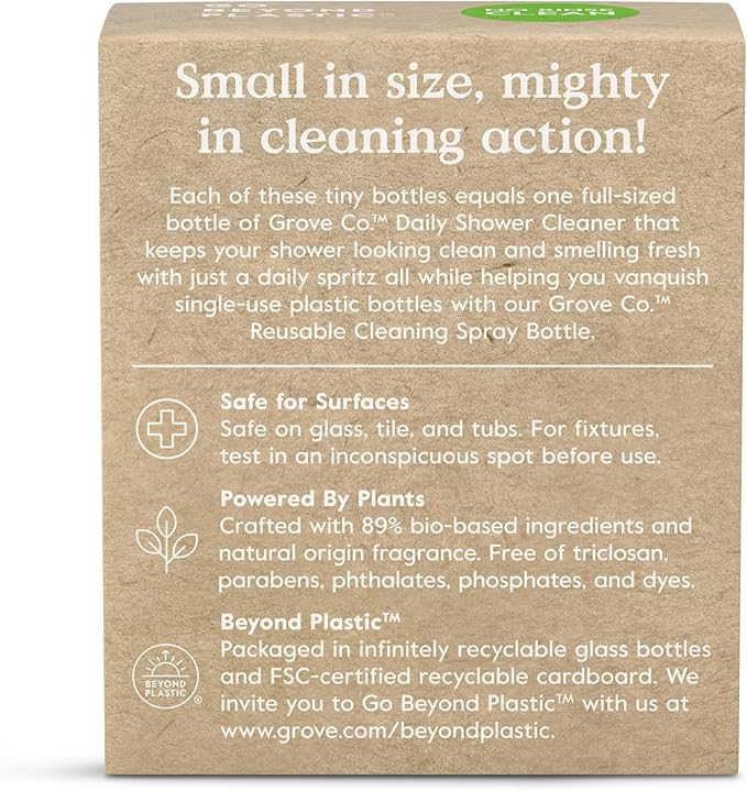 Grove Co. Daily Shower Cleaner Refill Concentrate (6 x 1 Fl Oz), Creates 16 Oz Cleaner, Removes Soap Scum, Scrub-Free, Plant-Based Household Cleaning Supplies, Lemon & Eucalyptus Fragrance