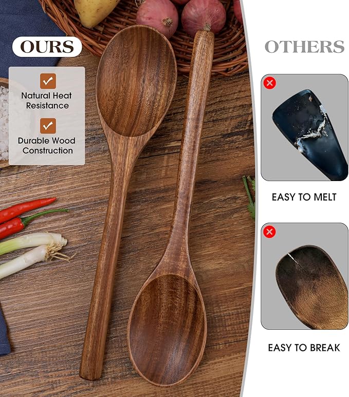 2PCS Wooden Spoons for Cooking, Natural Acacia Wood Cooking Spoons, Large Serving Spoons for Nonstick Cookware, Heat Resistant Durable Wooden Kitchen Utensils for Mixing Salad, Serving and Stirring