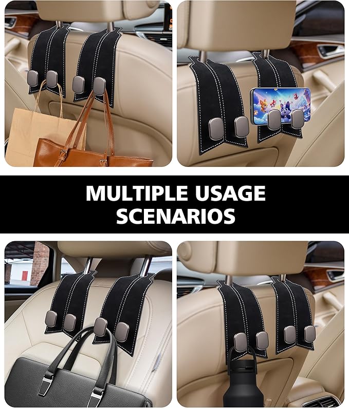 MOBIKEY Headrest Hooks for Car, 4 Pack Purse Hook for Car 100% Metal & Premium Leather 2025 Latest, Auto Organization Accessories for Bags, Purses, Phones etc (Black)