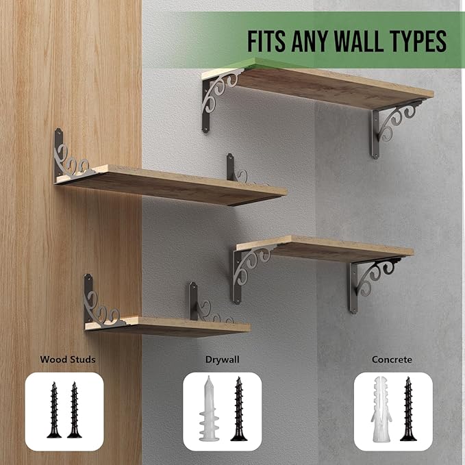 L Shelf Brackets for 5.5" 6" 7" Board, Floating Shelf Bracket Heavy Duty Metal Shelving Brackets for Shelves, Decorative Iron Rustic Wall Brackets for DIY Floating Shelf, 6 Pack Black