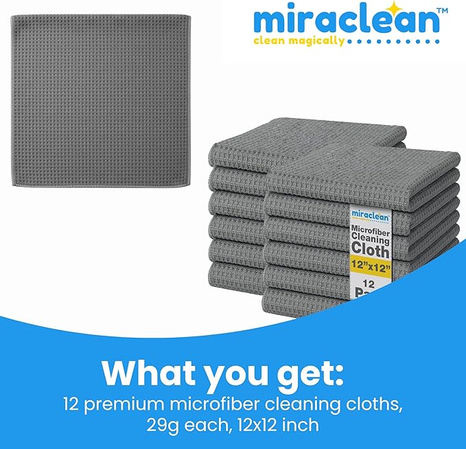 Waffle Weave Microfiber Cloths - 12 x 12 inches - Lint Free Cloth, Streak-Free Absorbent Microfiber Glasses Cleaning Cloth, Screens, Dusting & Appliances - 12 Pack Premium Cloth Wipes